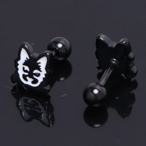 Punk style stainless steel cat face stud earrings with black and white enamel finish