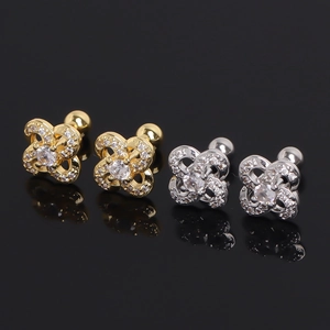 Stainless Steel Clover Cartilage Stud Earrings For Men Women Hollow Leaf Zirconia Inlaid Screw Back Piercing Jewelry