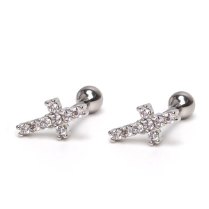 Minimalist silver stainless steel cross stud earrings with sparkling cubic zirconia stones
