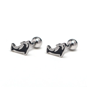 Creative stainless steel dolphin stud earrings with black enamel and screw back balls