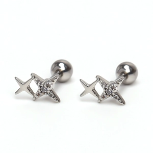 Polished silver star cartilage stud earrings with sparkling cubic zirconia accents