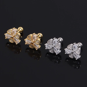 Elegant Stainless Steel Flower Stud Earrings Shiny Rhinestone Clover Jewelry Personalized Screw Back Studs For Women