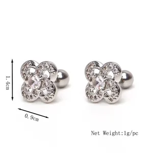 Hollow four-leaf clover zircon stud earrings with sparkling pavé crystals and screw backs
