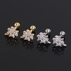 Stainless Steel Four Leaf Clover Stud Earrings With Heart Shaped Rhinestone Inlays Screw Back Floral Earrings For Women Men Jewelry