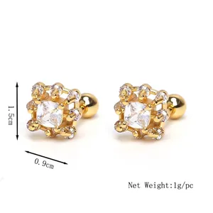 Sparkling square zircon stainless steel stud earrings with gold plating and ball back