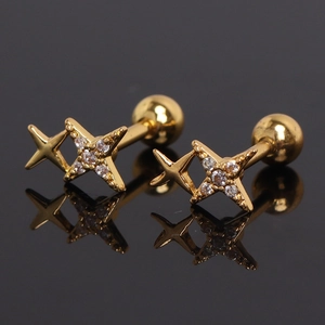 Gold geometric star cartilage earring with sparkling zircon and threaded ball back