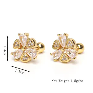 Elegant gold flower earrings with sparkling zircons and secure screw ball backs
