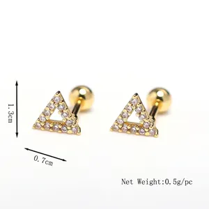 Golden geometric triangle stud earrings with white zircons and screw ball back design