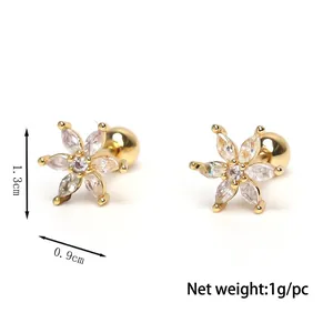 Fashion gold floral stud earrings with marquise cubic zirconia crystals 1.3cm x 0.9cm
