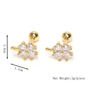 Elegant gold clover stud earrings with heart-shaped zircon stones and 1.4cm height