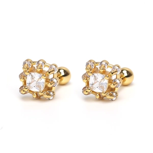 Close-up of gold stud earrings with square cubic zirconia and screw back closures