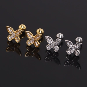 Stainless Steel Butterfly Stud Earrings Zirconia Inlaid Screw Back Ball Ear Studs For Women Minimalist Fashion Jewelry