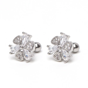 Elegant silver flower stud earrings with sparkling zircon petals and ball screw back