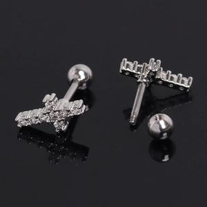 Silver stainless steel cross stud earring with sparkling zircons and screw ball back