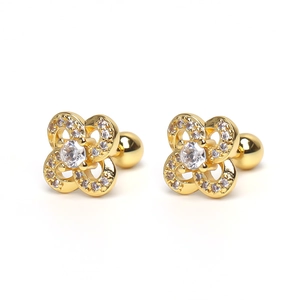 Golden four-leaf clover stud earrings with clear zircon pavé stones and screw back