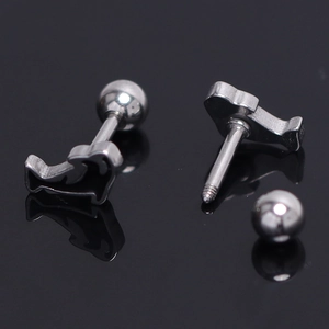 Detailed macro view of dolphin shape stainless steel stud earrings with ball screw backs
