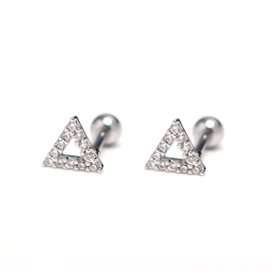 Silver triangle geometric earrings with white zircons and screw ball back closure