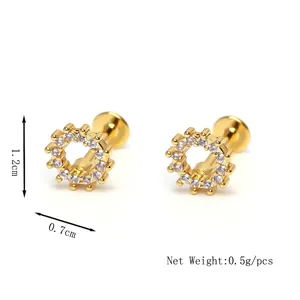 Golden geometric round hollow stud earrings with white zircon stones and flat back screw