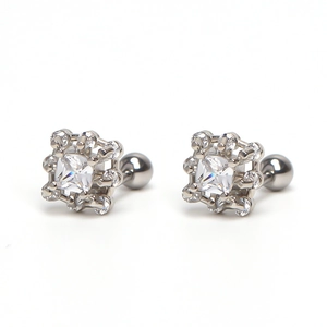 Pair of square cubic zirconia stud earrings with stainless steel screw ball back design