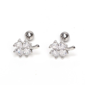 Silver four-leaf clover stud earrings with heart-shaped zircons and screw ball backs