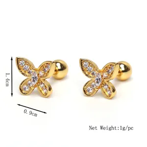 Golden butterfly stud earrings with sparkling white zircons and ball screw back closure