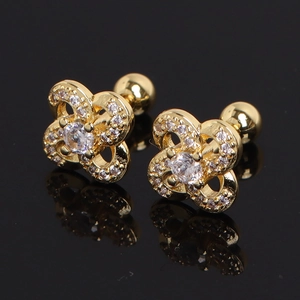 Gold plated four-leaf clover ear studs with sparkling cubic zirconia on black mirror