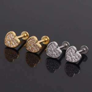 Heart Stud Earrings Stainless Steel Zirconia Flat Back Threaded Labret Cartilage Piercing Jewelry Korean Fashion