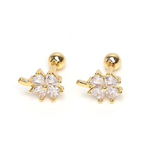 Detailed view of gold clover stud earrings featuring heart-shaped cubic zirconia and screw backs