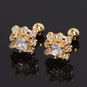 Square zircon stud earrings in 18K gold-plated stainless steel with screw back closure
