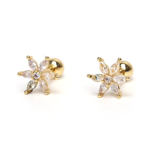 Close-up of golden flower stud earrings with marquise zircon petals and screw back design