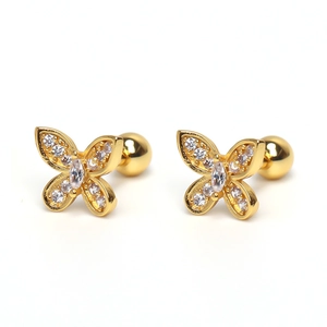 Detailed view of gold butterfly stud earrings with zircon inlay and screw ball backing