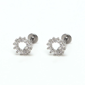 Polished silver geometric round stud earrings with cubic zirconia and screw back design