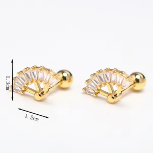Gold fan-shaped stainless steel stud earrings with crystal inlay and 1.3cm height