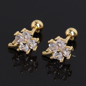 Elegant gold four-leaf clover screw back earrings with white sparkling cubic zirconia