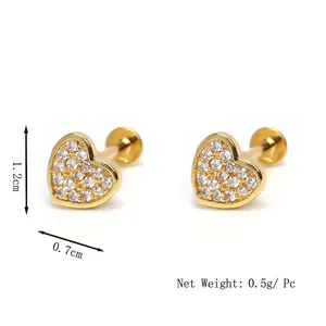 Golden heart-shaped stainless steel stud earrings with cubic zirconia, 1.2cm x 0.7cm size