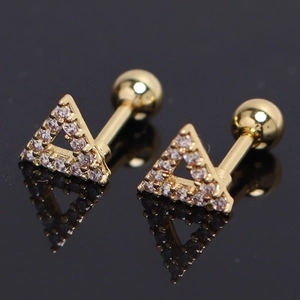 Geometric gold triangle stud earrings with shimmering crystals and ball screw back
