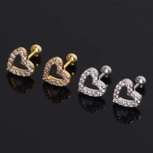 Boucles d'Oreilles Clous Cœur en Acier Inoxydable pour Femmes Hommes Strass Incrustés Fermoir à Vis Bijoux Hip Hop