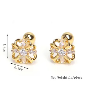 Exquisite gold-plated floral stud earring with clear zircon crystals measuring 1.4cm by 0.9cm