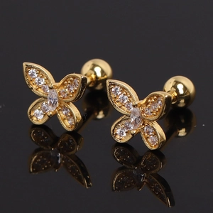 Elegant gold butterfly stud earrings with white zircons and secure screw ball backings