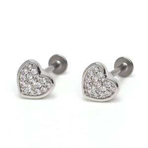 Silver heart stud earrings with pavé cubic zirconia crystals and flat back screw design