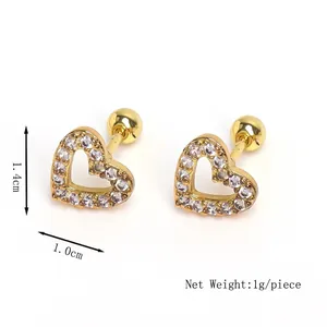 Boucles d'oreilles cœur en zircon doré avec fermeture à vis pour femmes et hommes