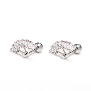Silver fan-shaped stainless steel stud earrings set with rectangular clear crystals