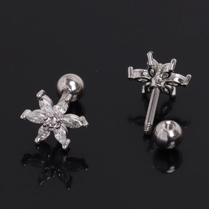 Fashionable stainless steel flower stud earrings with marquise cubic zirconia stones