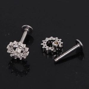 Polished industrial gear round lip stud with cubic zirconia and internal thread design