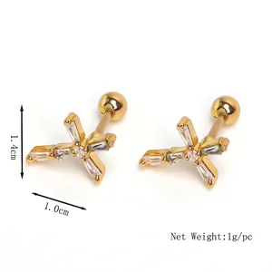 Boucles d'oreilles croix en or avec zircons carrés et fermoir à vis boule, taille 1,4 cm