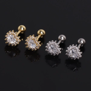 Stainless Steel Heart Rhinestone Stud Earrings With Screw Ball Back Unisex Personality Ear Bone Jewelry Gold Silver Color