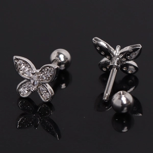 Polished butterfly cartilage stud earring with cubic zirconia and screw-back closure