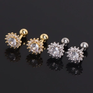 Polished stainless steel sunflower stud earrings with cubic zirconia in gold and silver