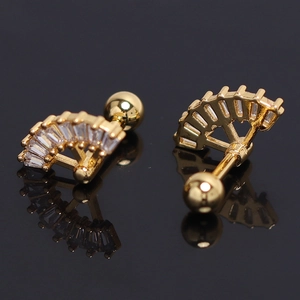 Golden fan-shaped stud earrings with rectangular clear zircons and screw back closure