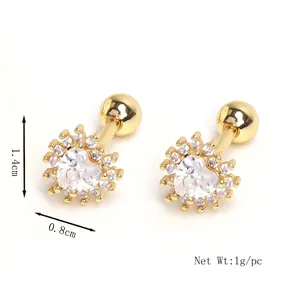 Golden heart stud earrings with cubic zirconia stones and 1.4cm x 0.8cm dimensions
